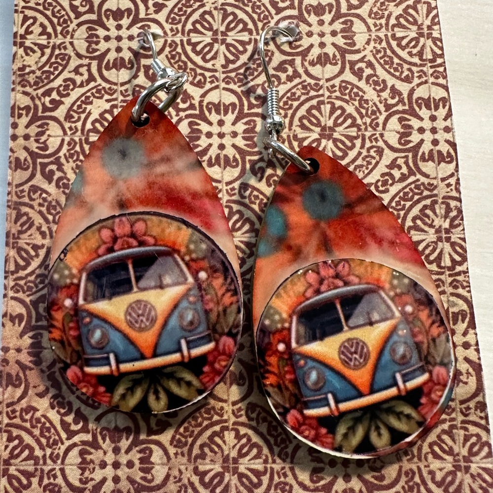 Colorful Teardrop Earrings with Vintage Van Design